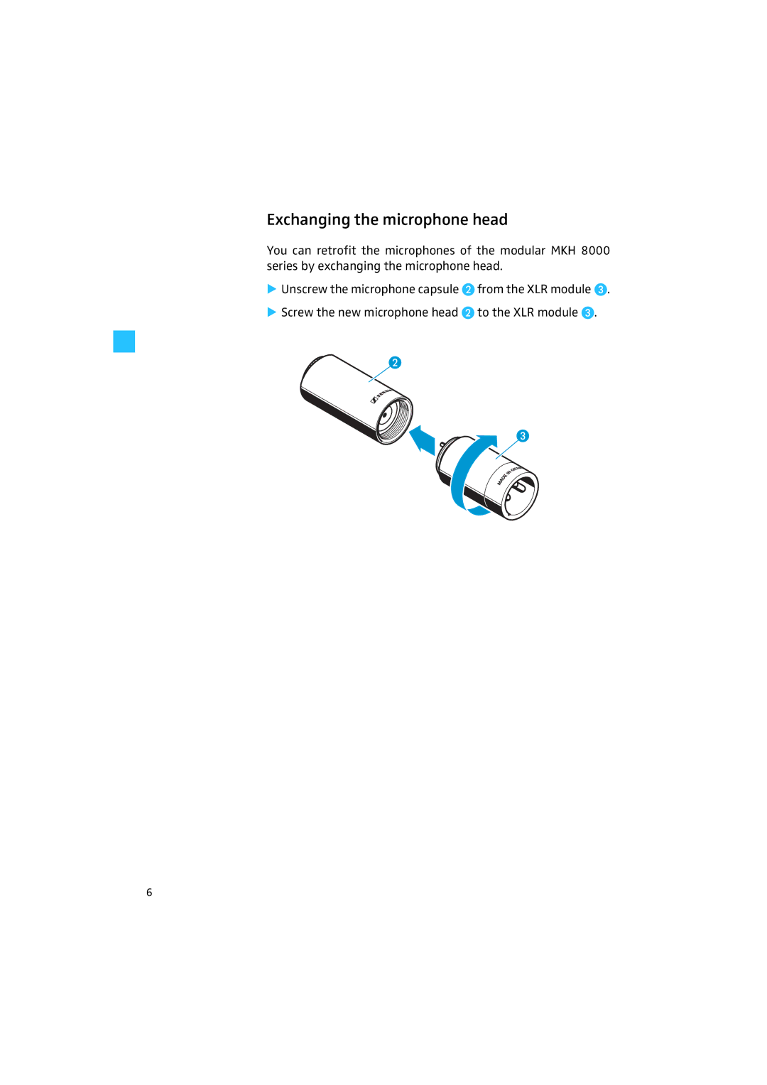 Sennheiser MKH 8020 manual Exchanging the microphone head 