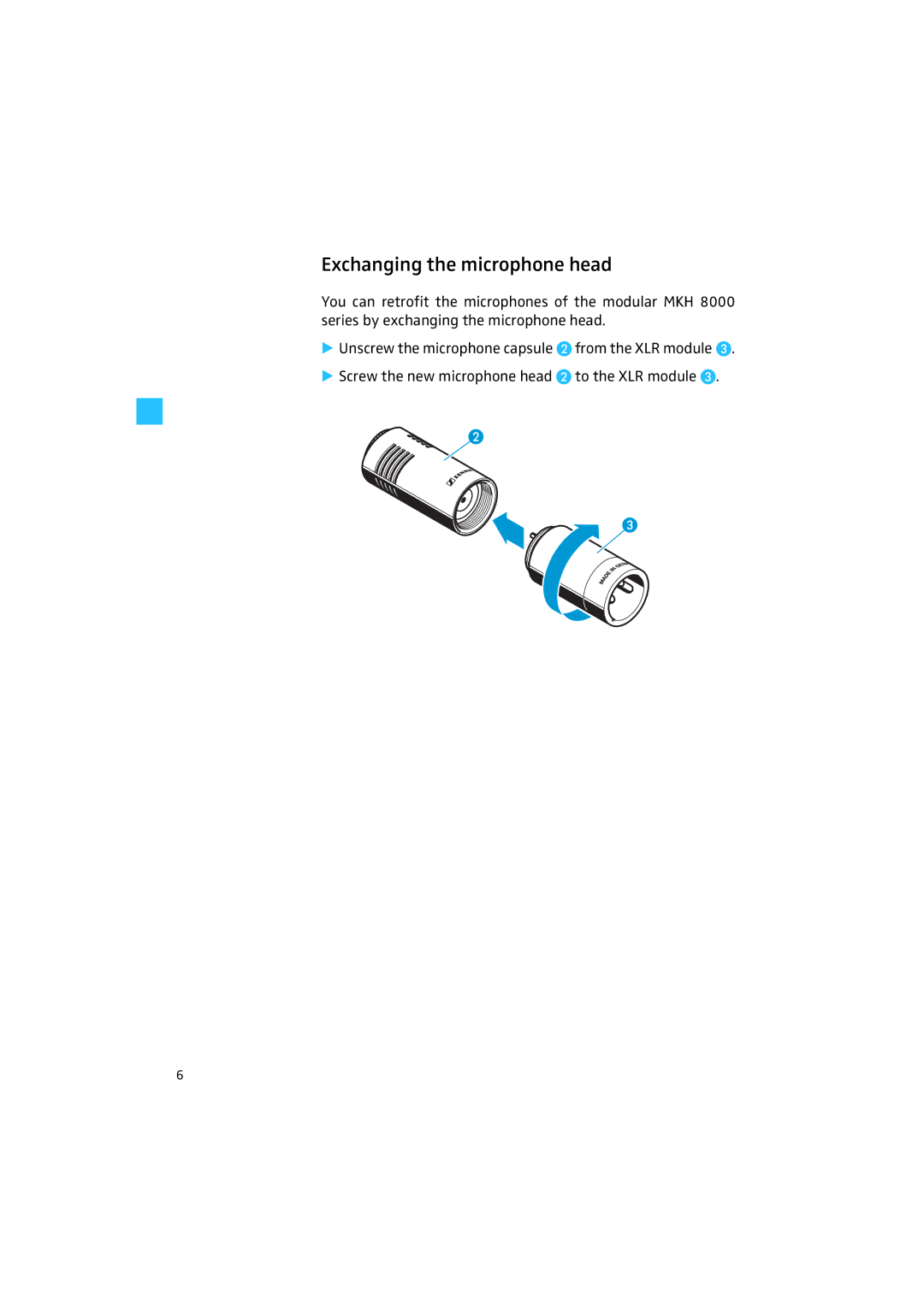 Sennheiser MKH 8050 manual Exchanging the microphone head 