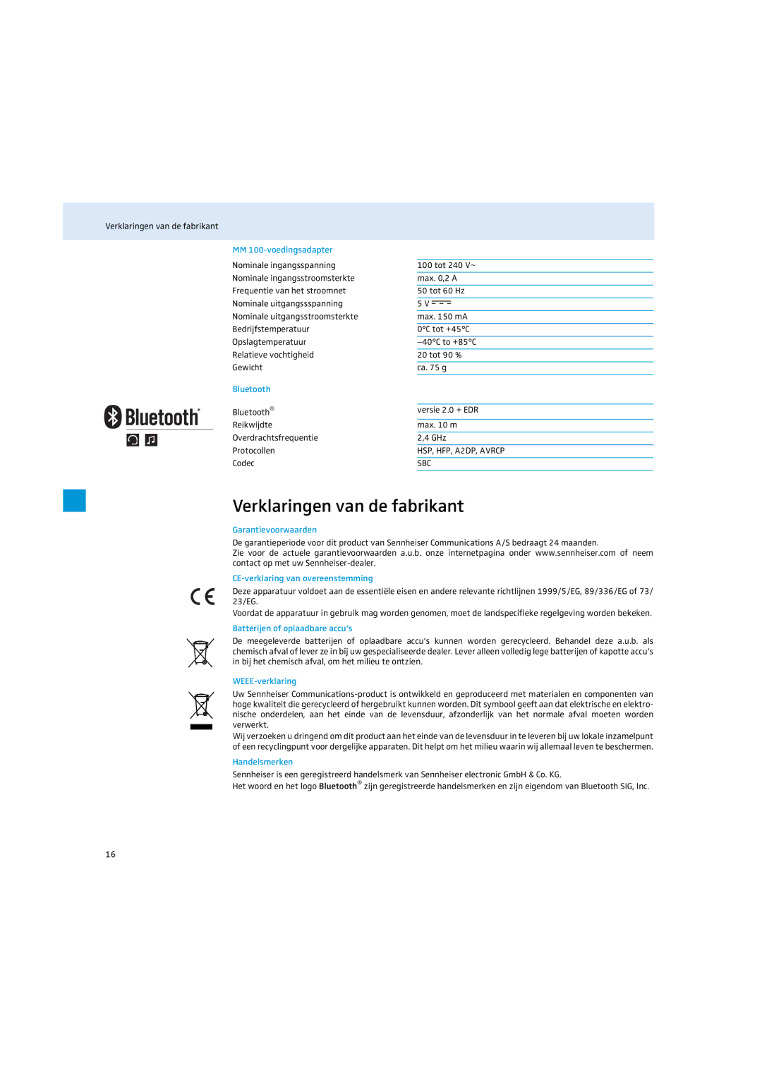 Sennheiser MM 100 instruction manual Verklaringen van de fabrikant 