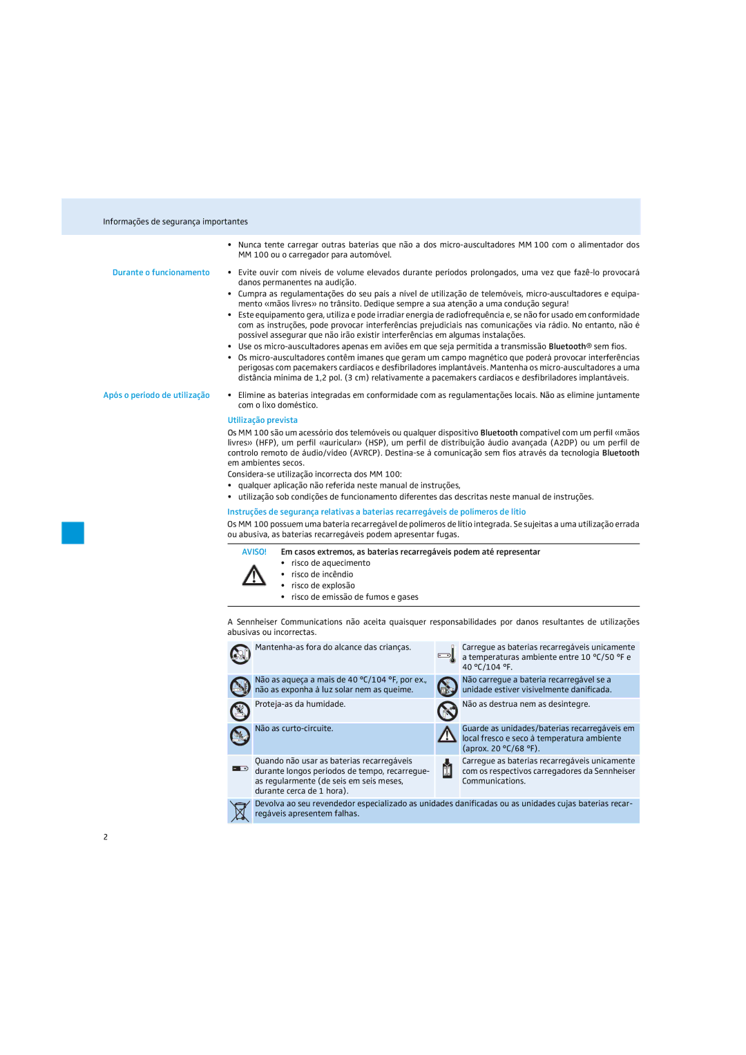 Sennheiser MM 100 instruction manual Durante o funcionamento, Utilização prevista 