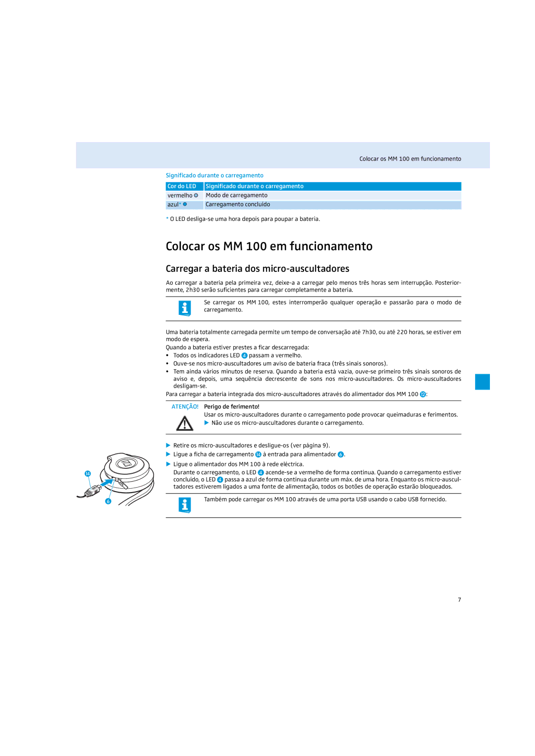 Sennheiser instruction manual Colocar os MM 100 em funcionamento, Carregar a bateria dos micro-auscultadores 