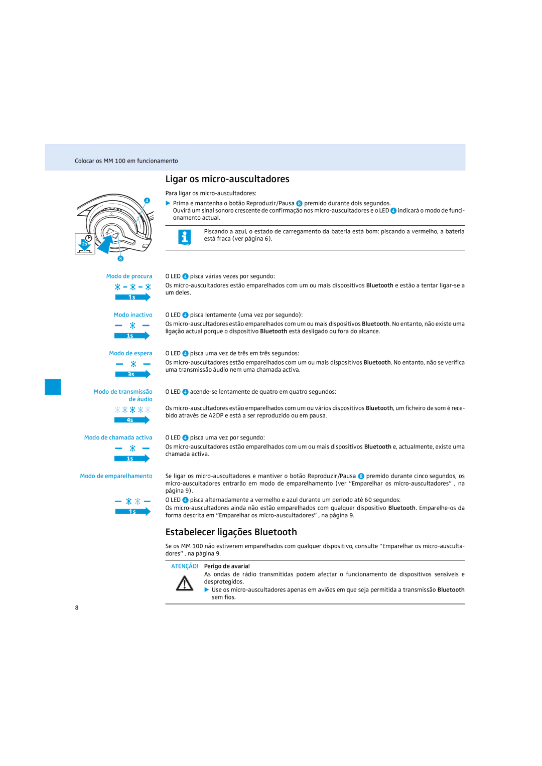 Sennheiser MM 100 Ligar os micro-auscultadores, Estabelecer ligações Bluetooth, Modo de transmissão de áudio 