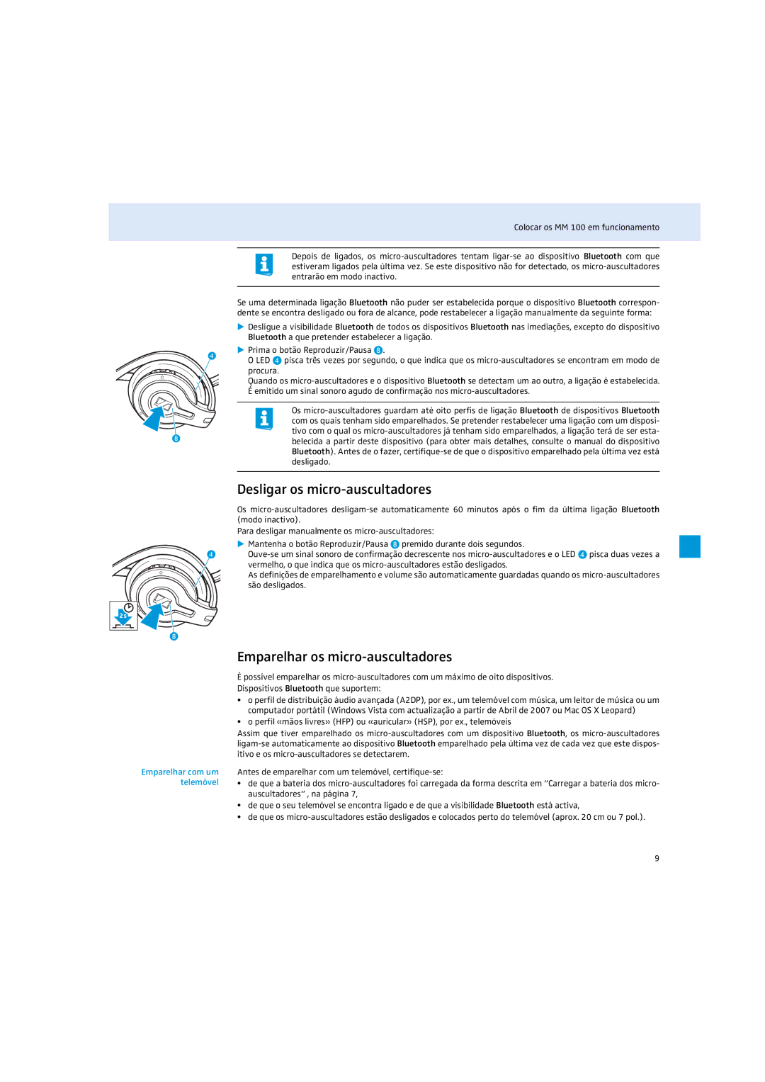 Sennheiser MM 100 Desligar os micro-auscultadores, Emparelhar os micro-auscultadores, Emparelhar com um telemóvel 