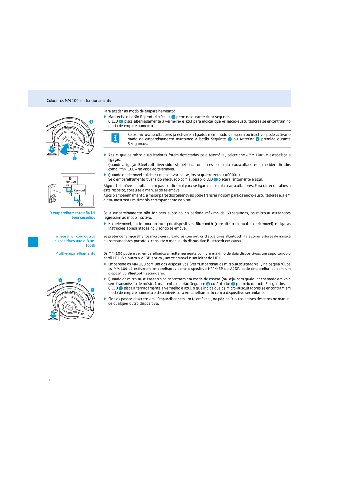 Sennheiser MM 100 instruction manual Emparelhamento não foi bem sucedido 