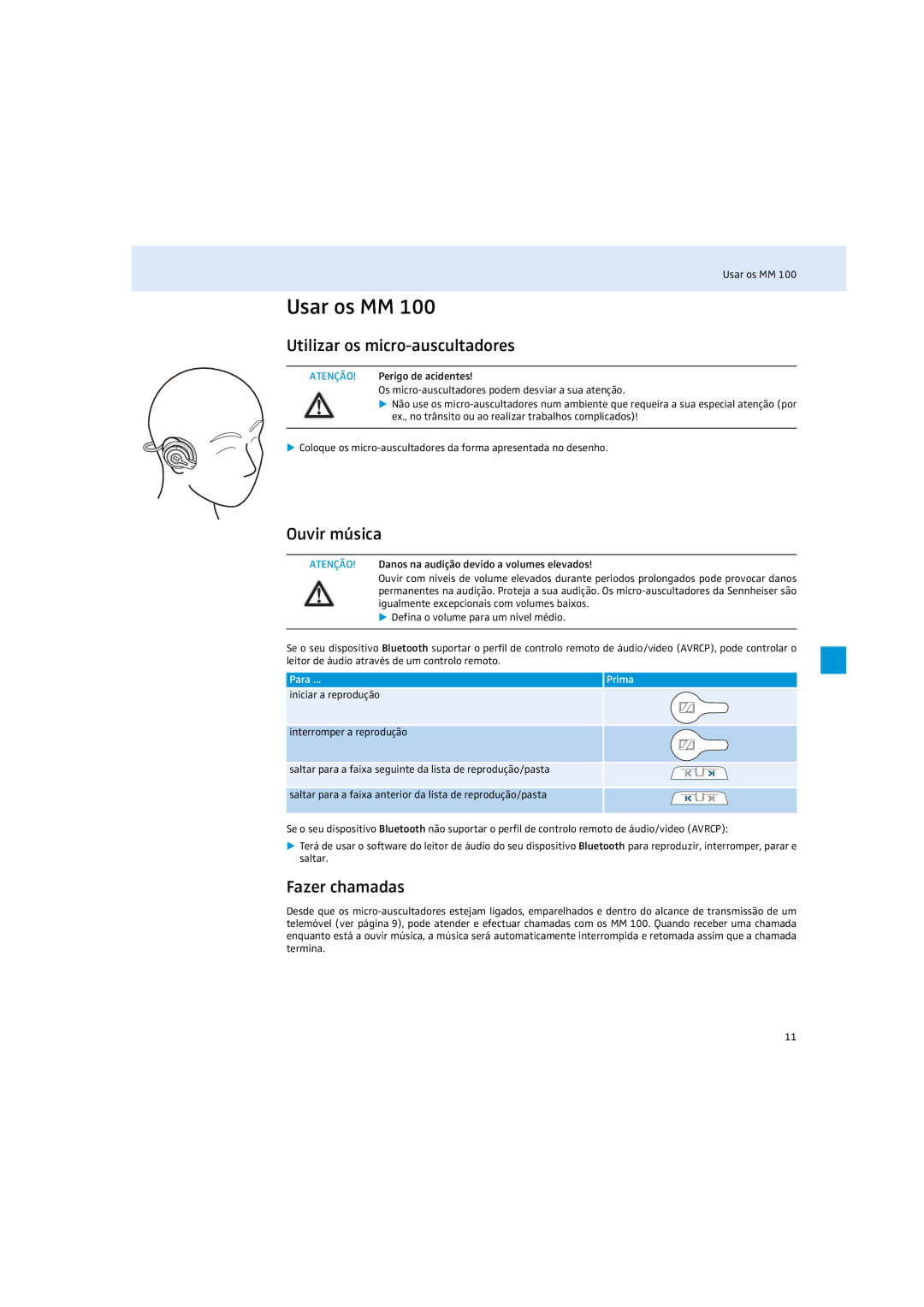 Sennheiser MM 100 instruction manual Usar os MM, Utilizar os micro-auscultadores, Ouvir música, Fazer chamadas, Prima 