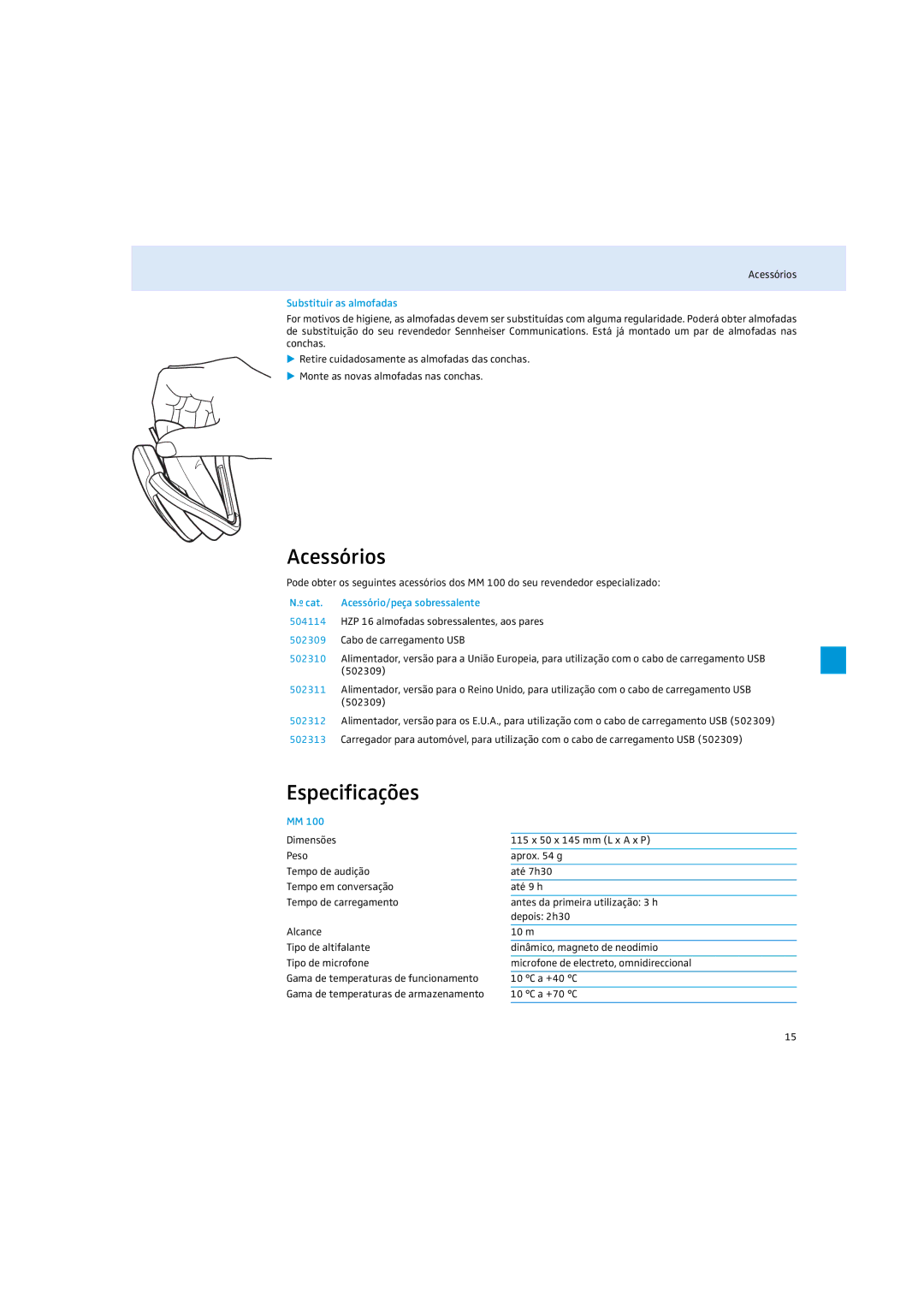 Sennheiser MM 100 instruction manual Acessórios, Especificações, Substituir as almofadas, Cat 