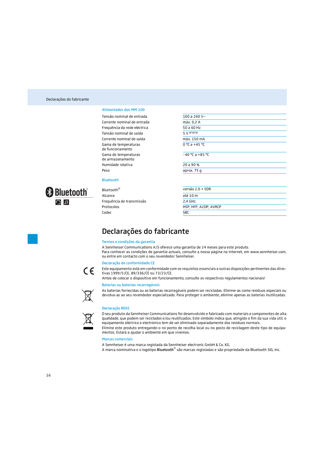 Sennheiser MM 100 instruction manual Declarações do fabricante 