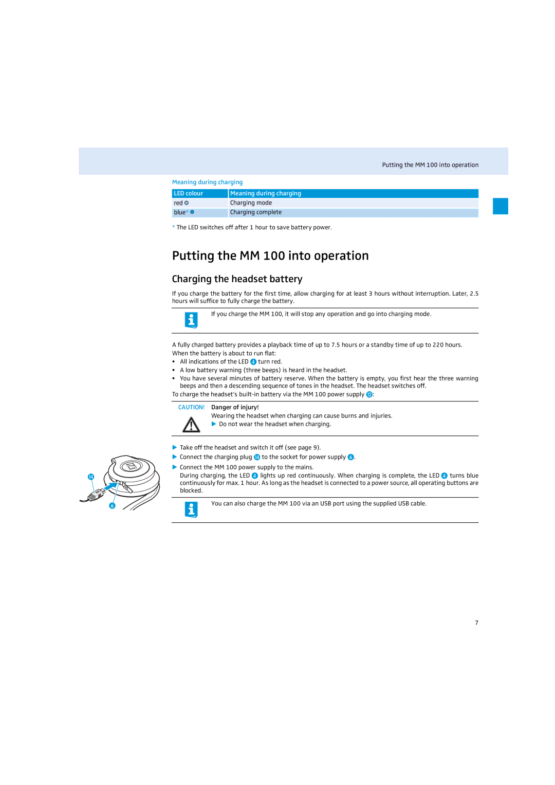 Sennheiser instruction manual Putting the MM 100 into operation, Charging the headset battery, Meaning during charging 