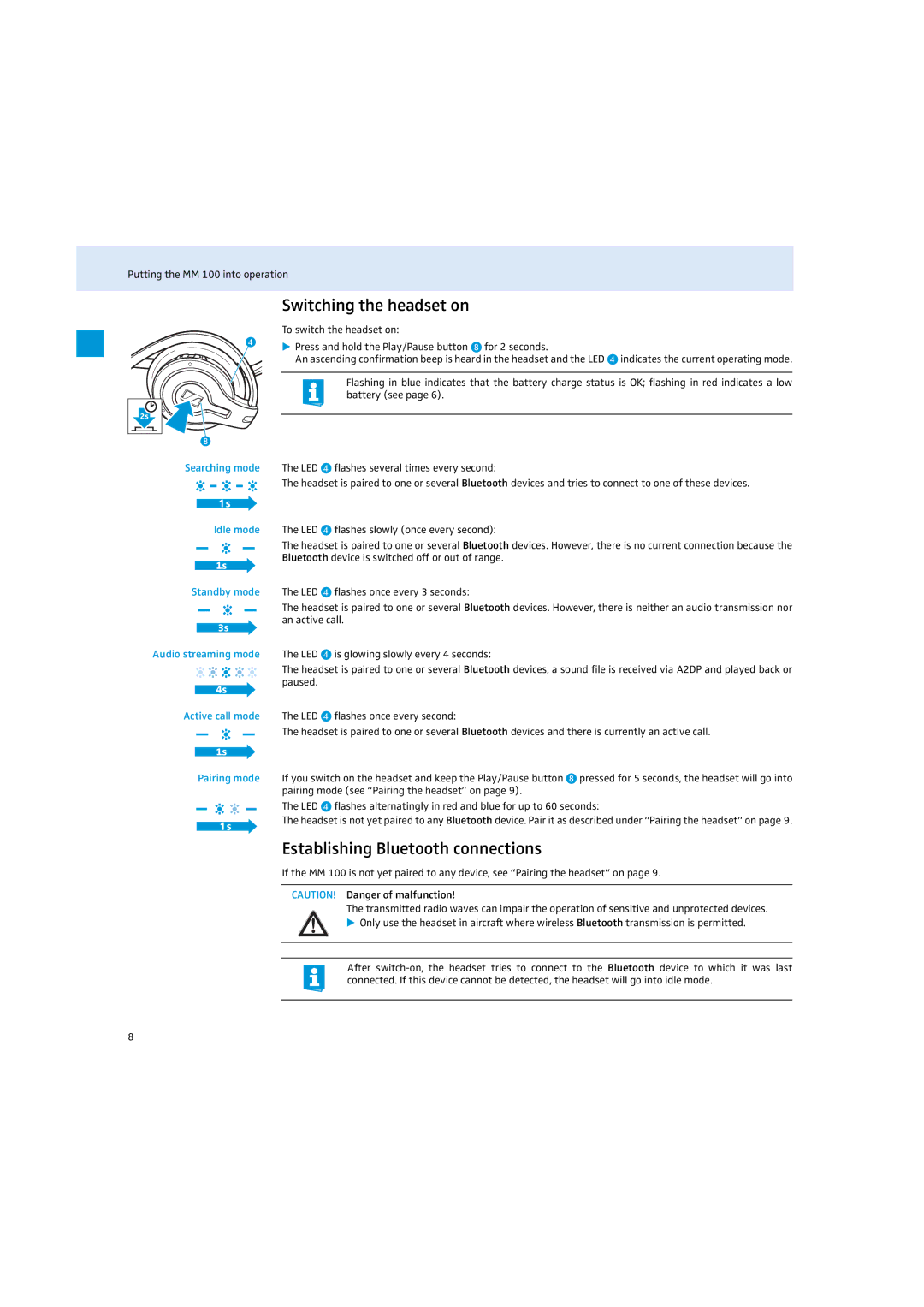 Sennheiser MM 100 instruction manual Switching the headset on, Establishing Bluetooth connections 