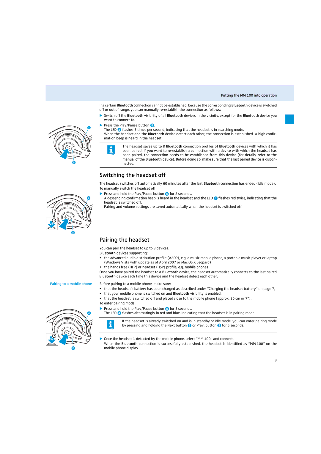 Sennheiser MM 100 instruction manual Switching the headset off, Pairing the headset, Pairing to a mobile phone 