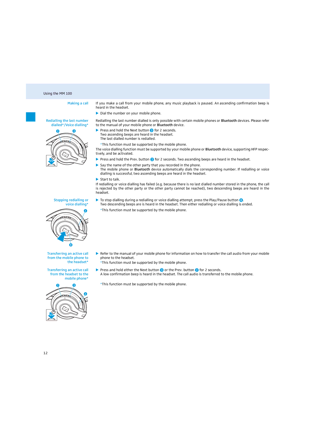 Sennheiser MM 100 Stopping redialling or voice dialling, Phone to the headset, Transferring an active call 