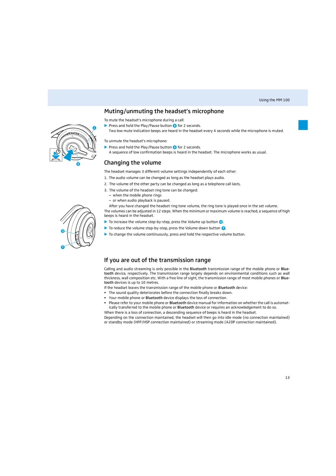 Sennheiser MM 100 Muting/unmuting the headset’s microphone, Changing the volume, If you are out of the transmission range 