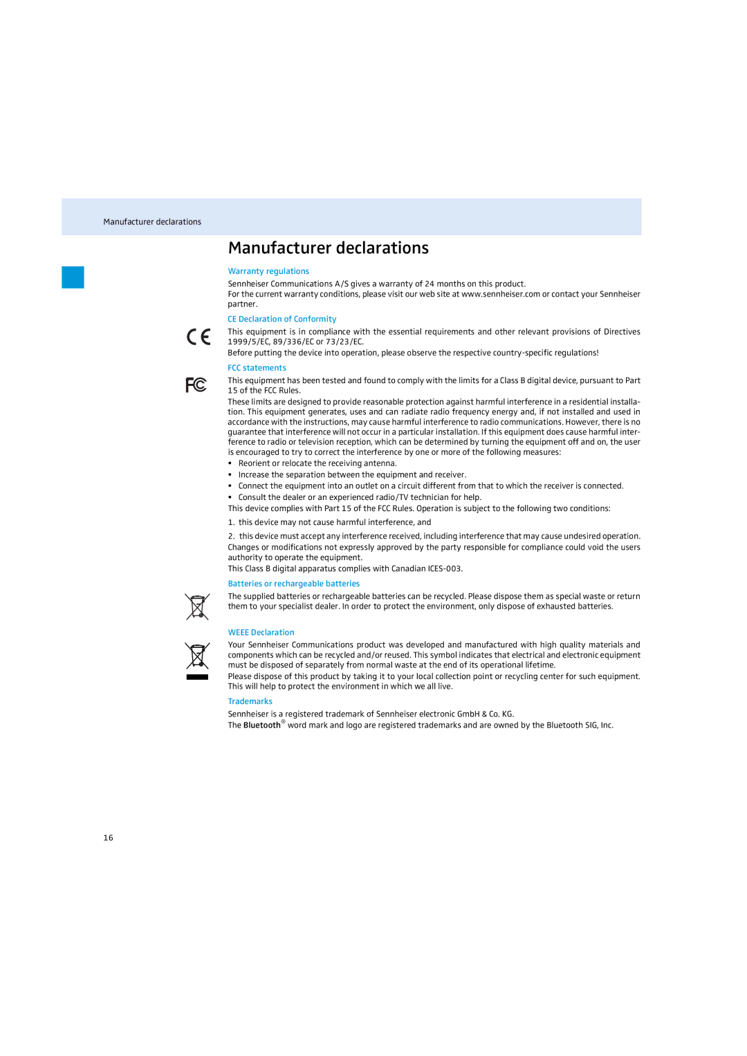 Sennheiser MM 100 instruction manual Manufacturer declarations 