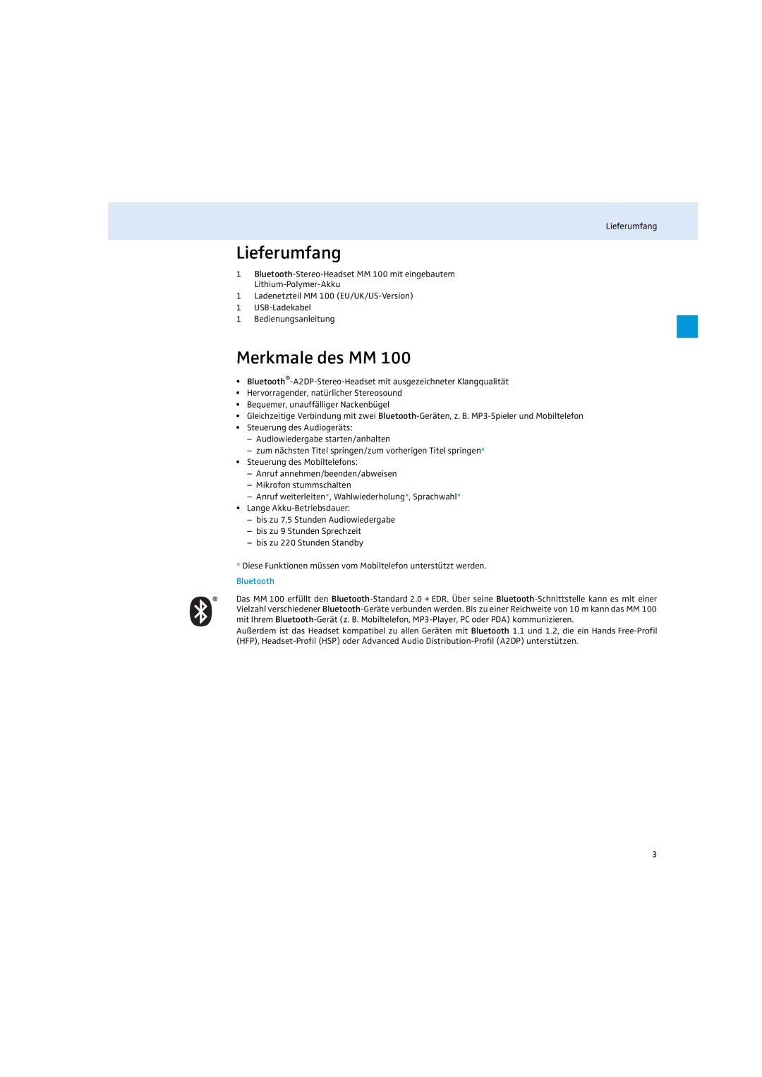 Sennheiser MM 100 instruction manual Lieferumfang, Merkmale des MM 