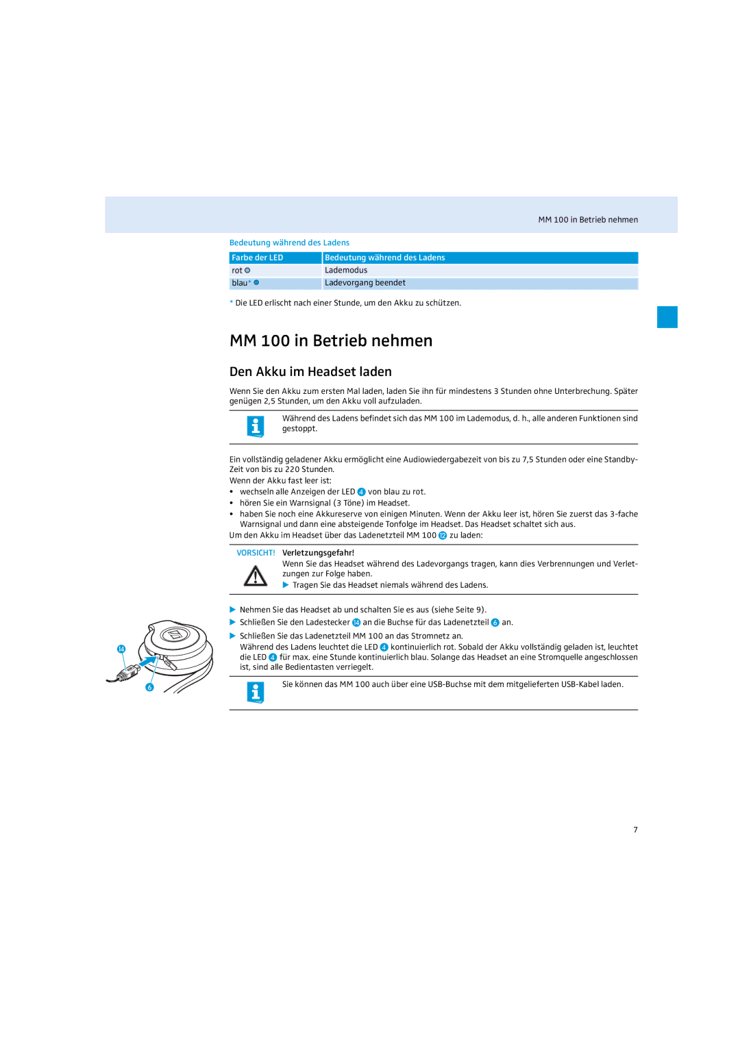 Sennheiser instruction manual MM 100 in Betrieb nehmen, Den Akku im Headset laden, Bedeutung während des Ladens 