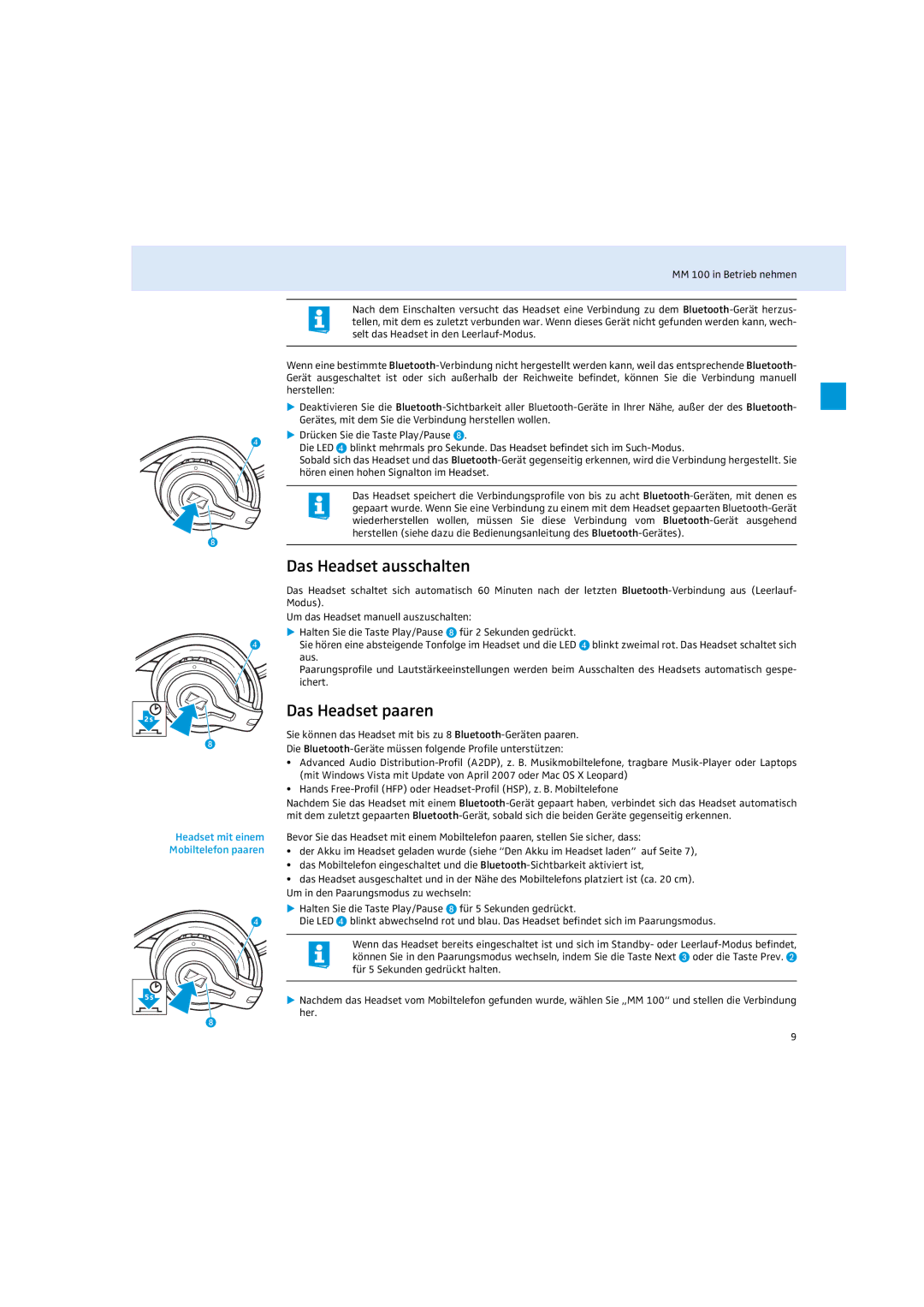 Sennheiser MM 100 instruction manual Das Headset ausschalten, Das Headset paaren, Headset mit einem Mobiltelefon paaren 