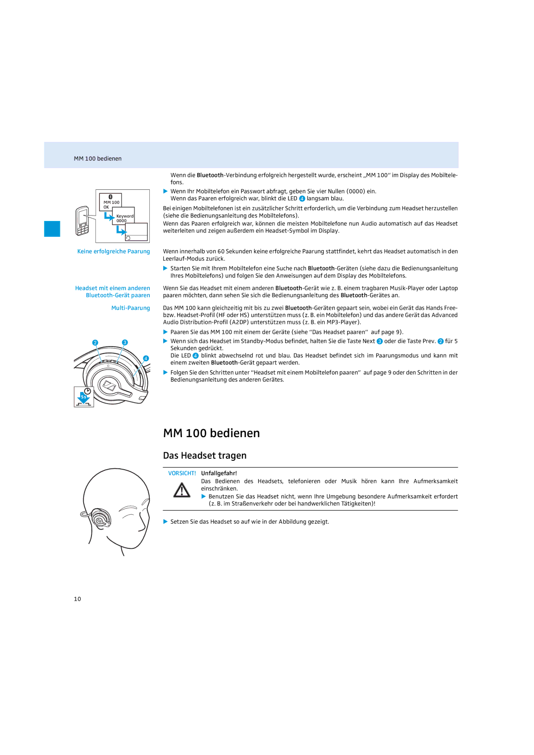 Sennheiser instruction manual MM 100 bedienen, Das Headset tragen, Keine erfolgreiche Paarung, Multi-Paarung 