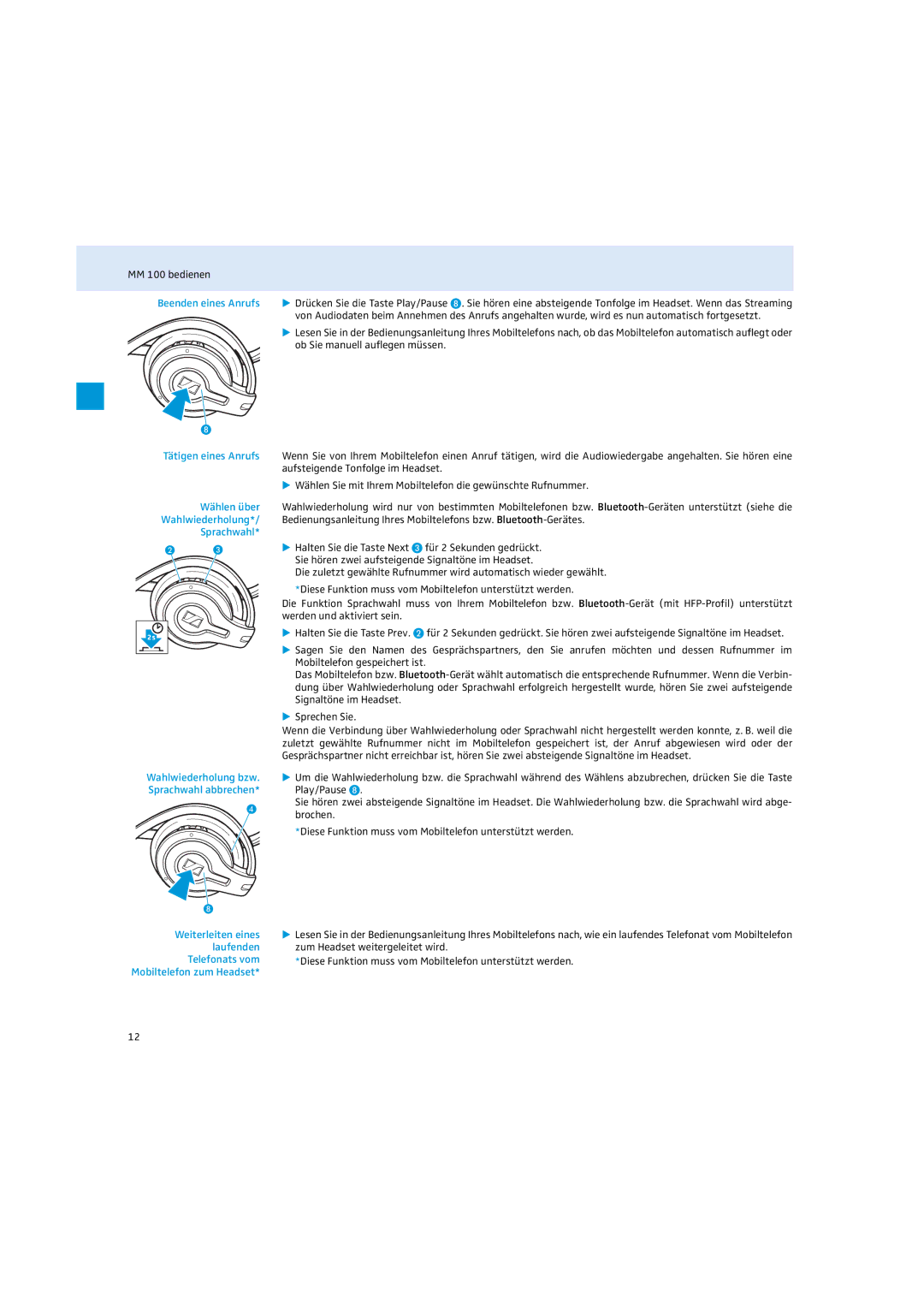 Sennheiser MM 100 instruction manual Beenden eines Anrufs, Wählen über Wahlwiederholung*/ Sprachwahl 