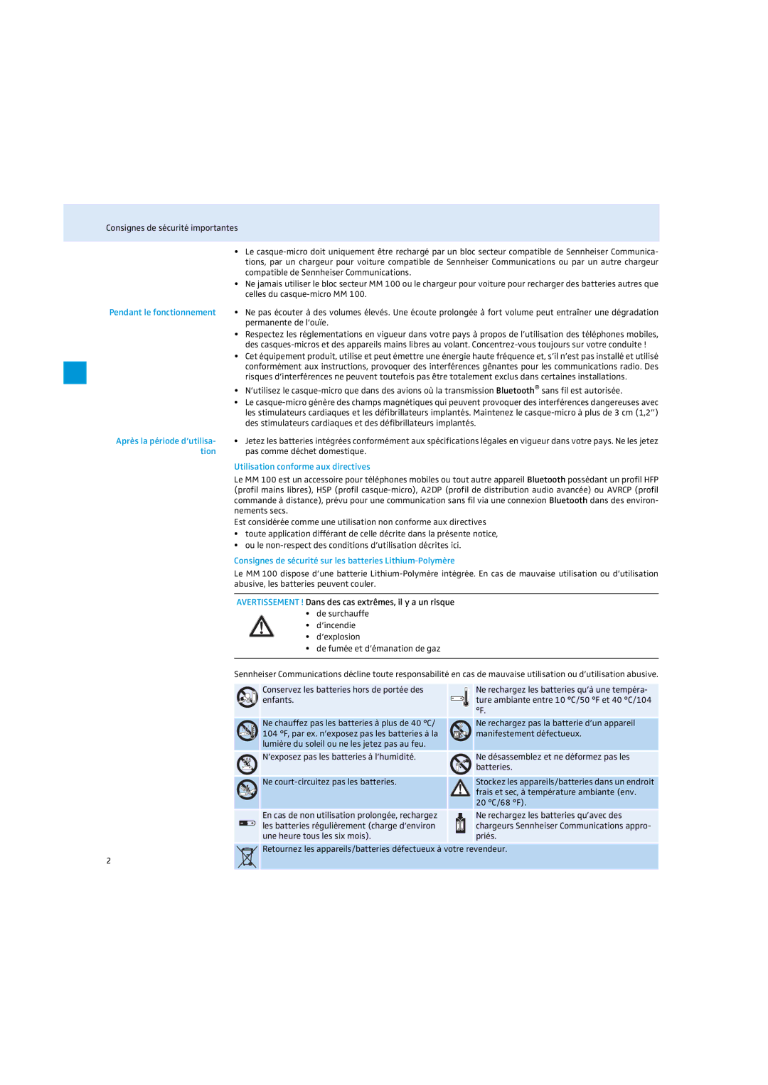 Sennheiser MM 100 instruction manual Après la période d’utilisa, Tion, Utilisation conforme aux directives 