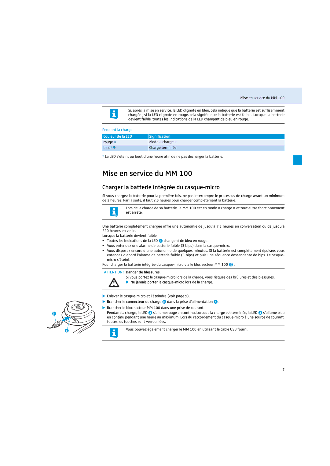 Sennheiser MM 100 Mise en service du MM, Charger la batterie intégrée du casque-micro, Couleur de la LED Signification 