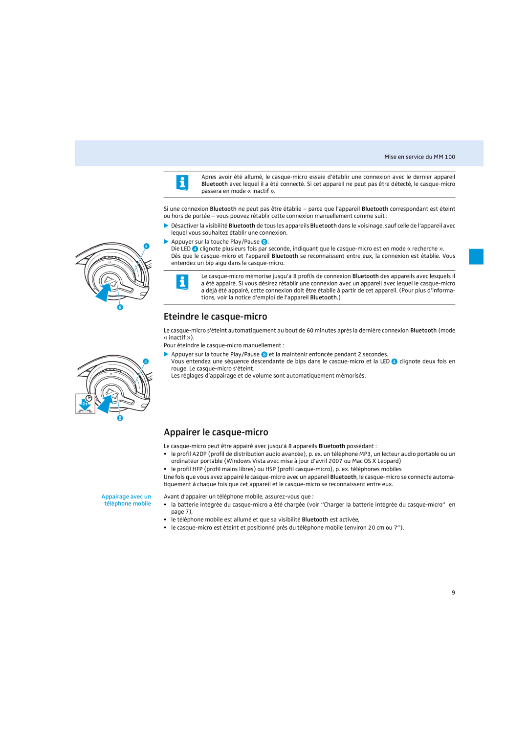 Sennheiser MM 100 instruction manual Eteindre le casque-micro, Appairer le casque-micro, Appairage avec un téléphone mobile 