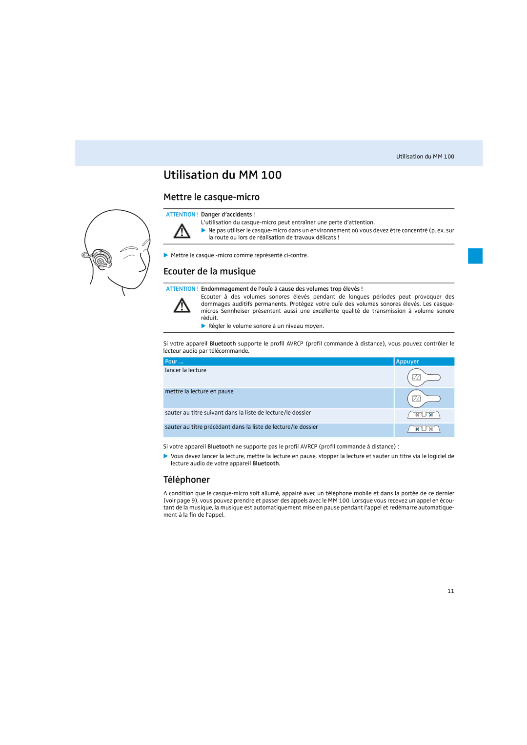 Sennheiser MM 100 instruction manual Utilisation du MM, Mettre le casque-micro, Ecouter de la musique, Téléphoner, Pour 