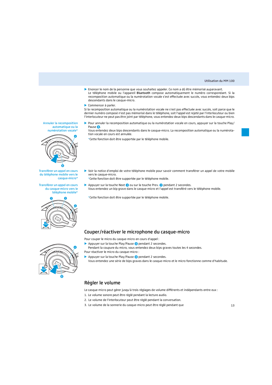 Sennheiser MM 100 instruction manual Couper/réactiver le microphone du casque-micro, Régler le volume 