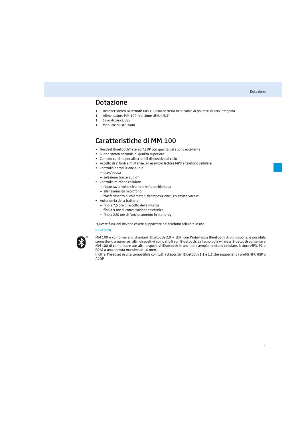 Sennheiser MM 100 instruction manual Dotazione, Caratteristiche di MM 