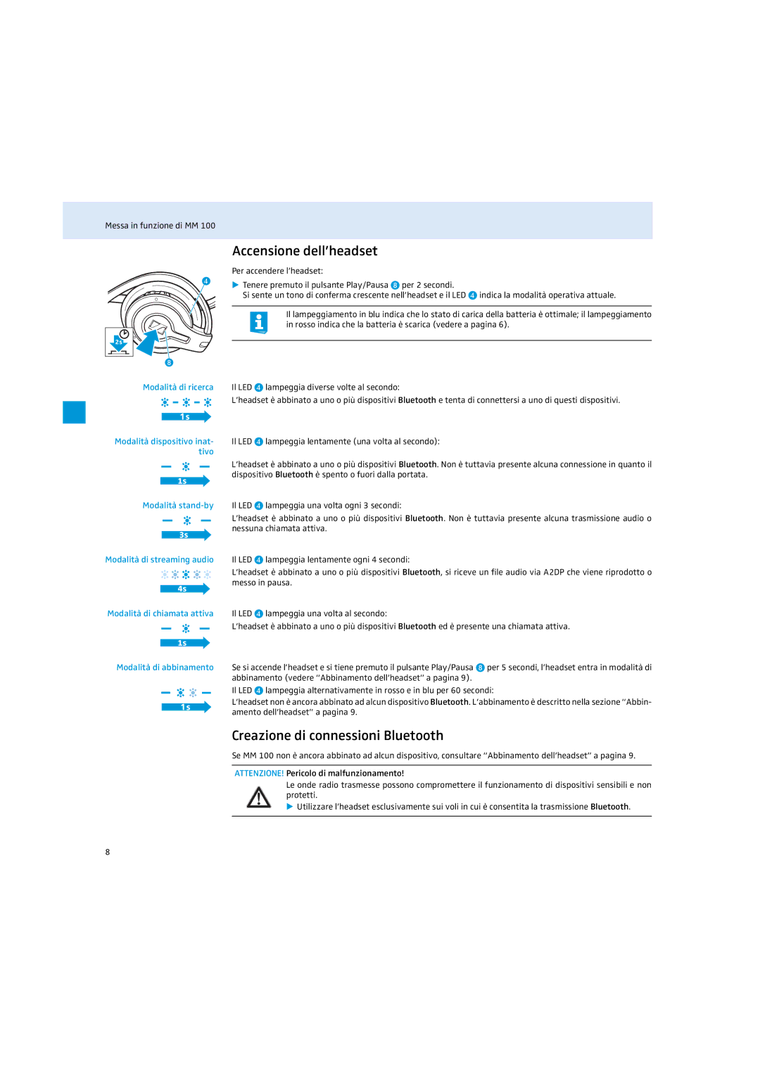 Sennheiser MM 100 instruction manual Accensione dell’headset, Creazione di connessioni Bluetooth 