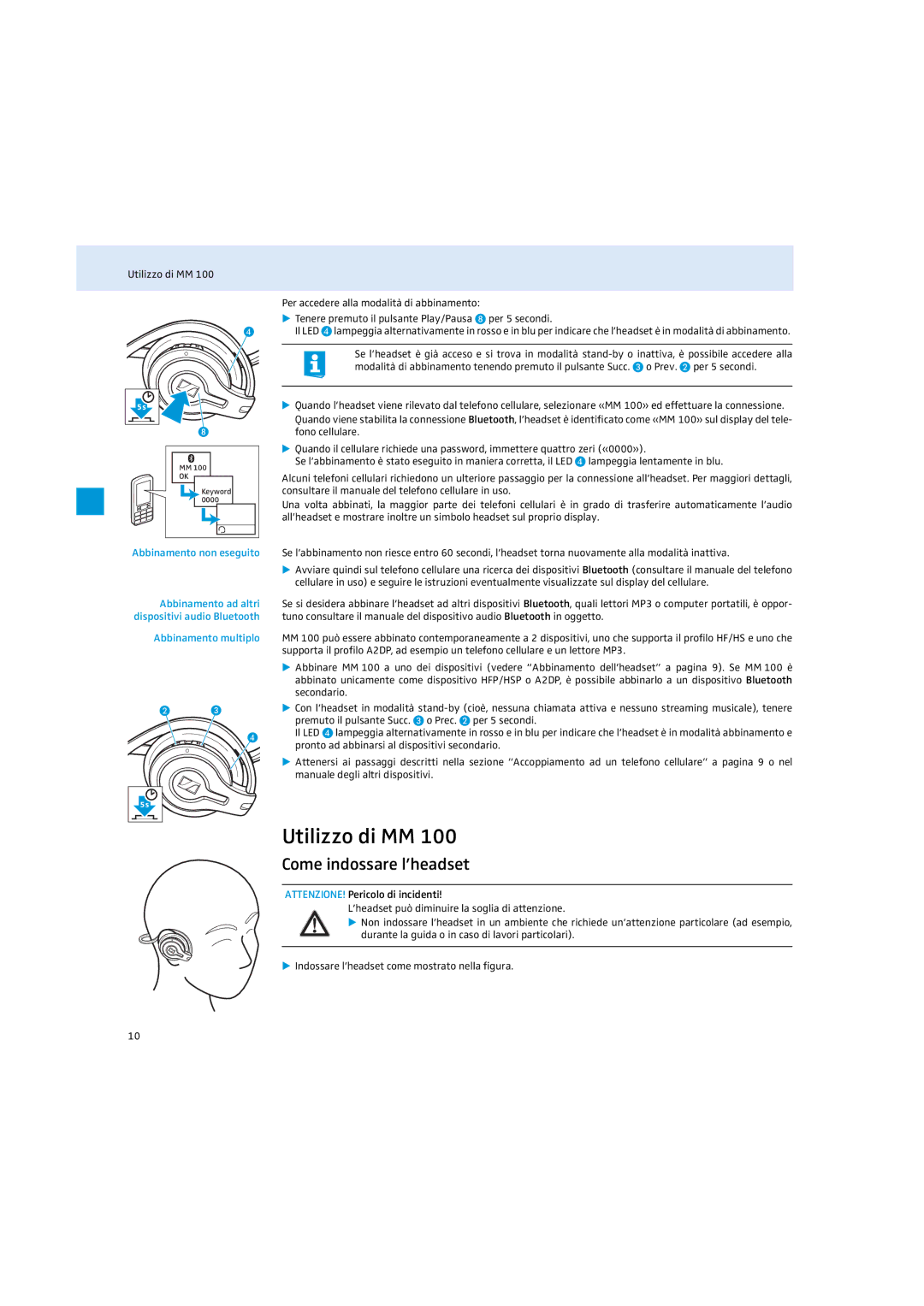 Sennheiser MM 100 instruction manual Utilizzo di MM, Come indossare l’headset 