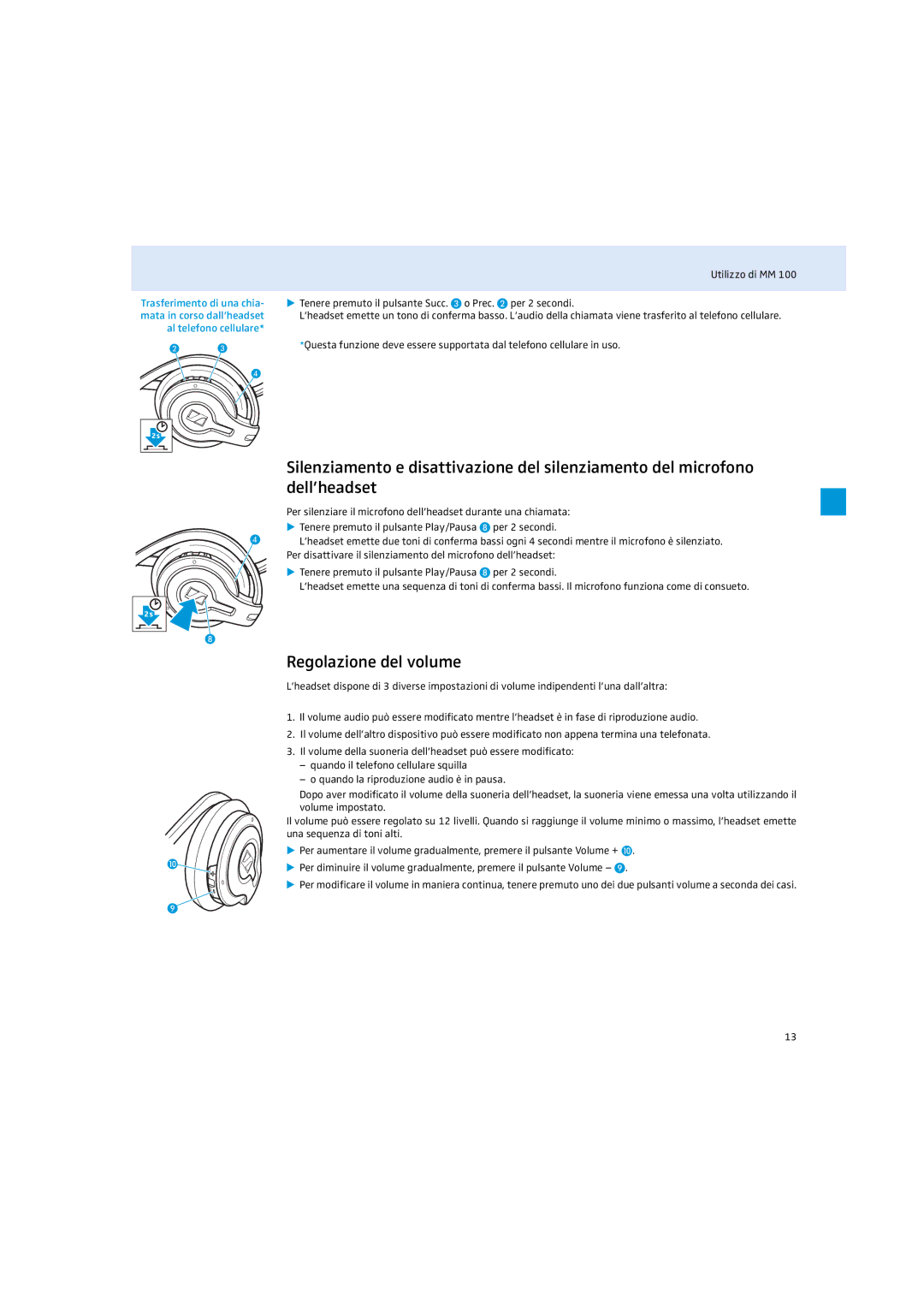 Sennheiser MM 100 instruction manual Regolazione del volume 