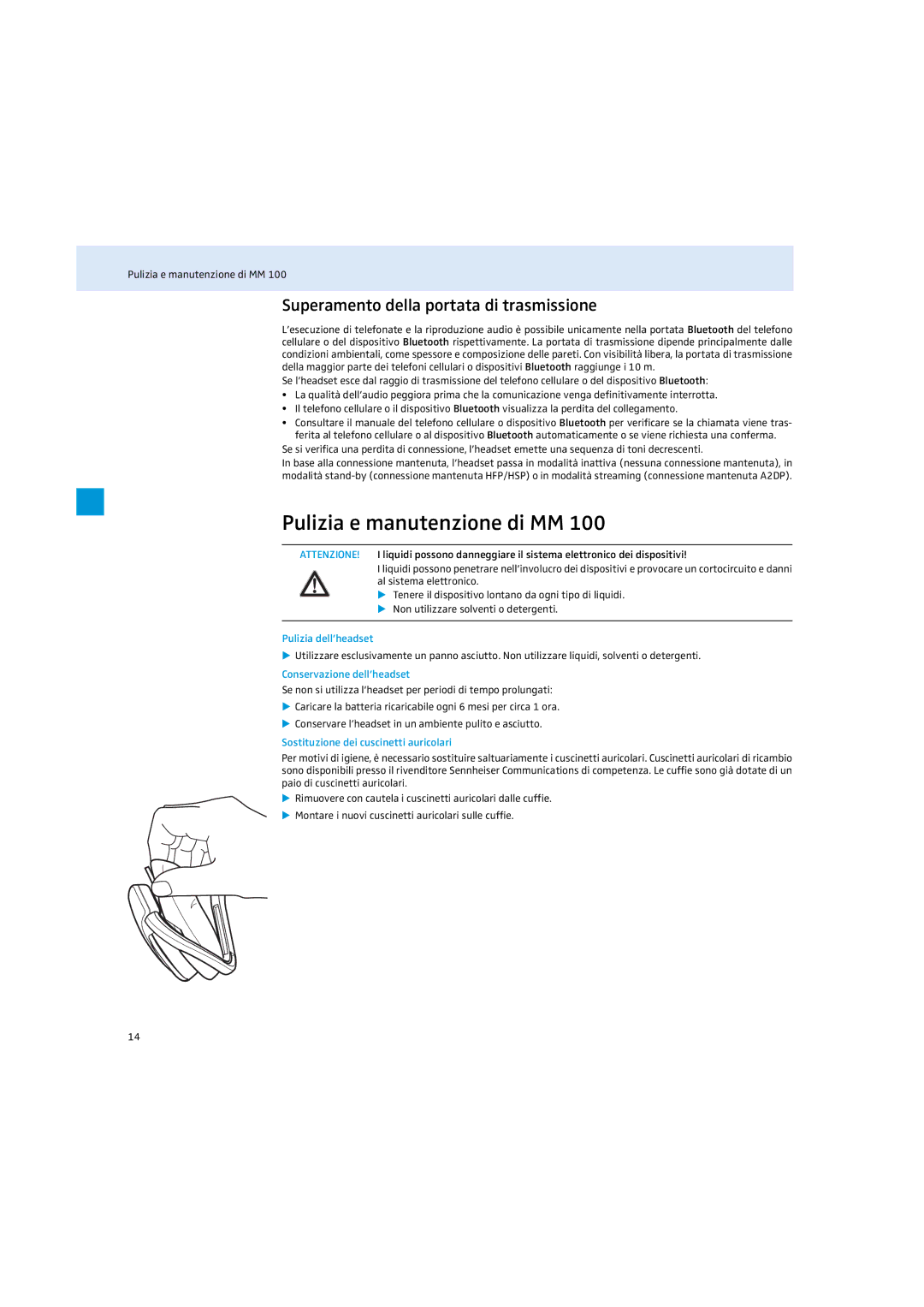 Sennheiser MM 100 Pulizia e manutenzione di MM, Superamento della portata di trasmissione, Pulizia dell’headset 