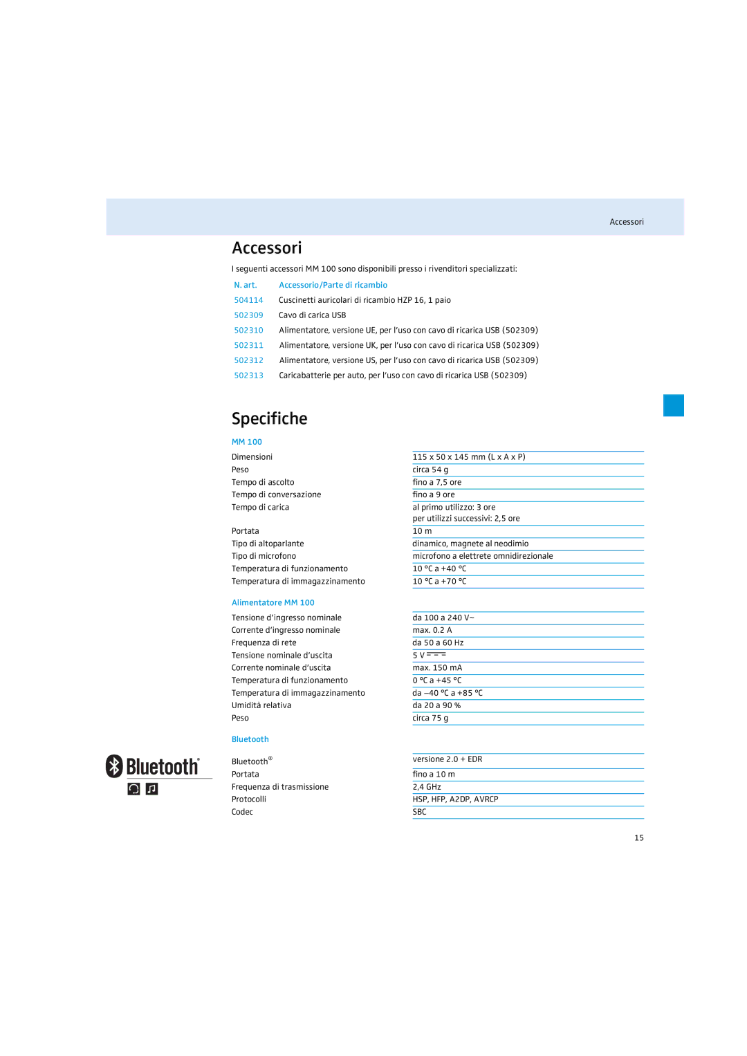 Sennheiser MM 100 instruction manual Accessori, Specifiche, Art, Alimentatore MM 