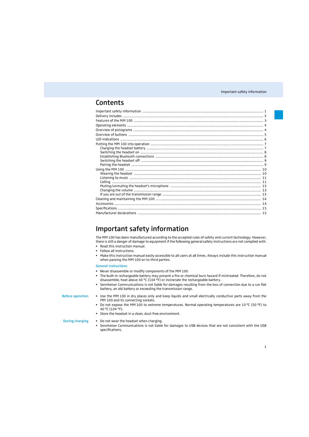 Sennheiser MM 100 instruction manual Contents, Important safety information 