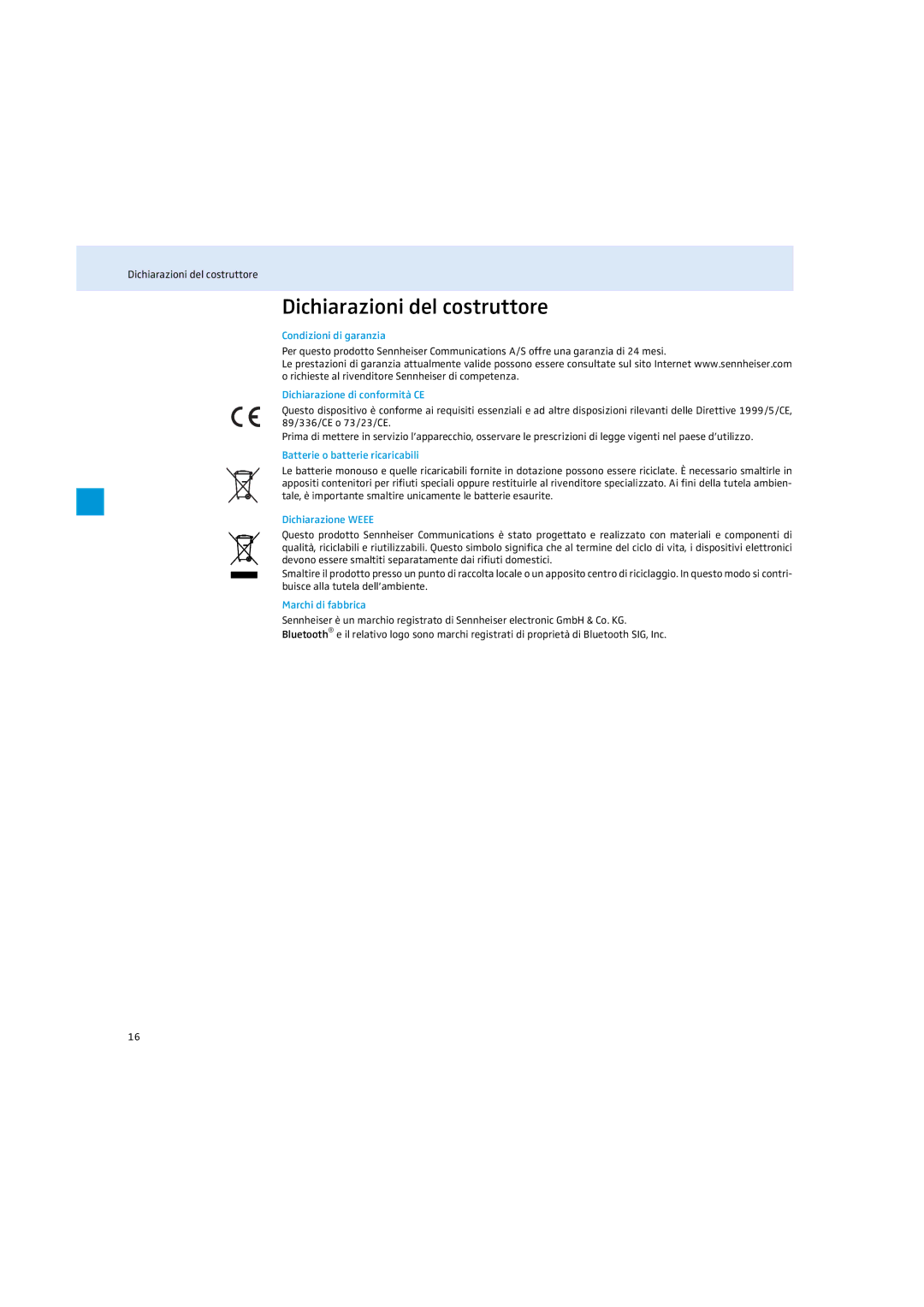 Sennheiser MM 100 instruction manual Dichiarazioni del costruttore 