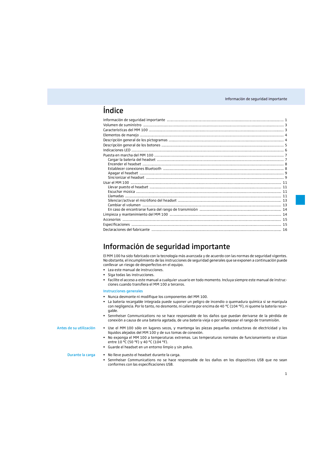 Sennheiser MM 100 instruction manual Índice, Información de seguridad importante, Instrucciones generales, Durante la carga 