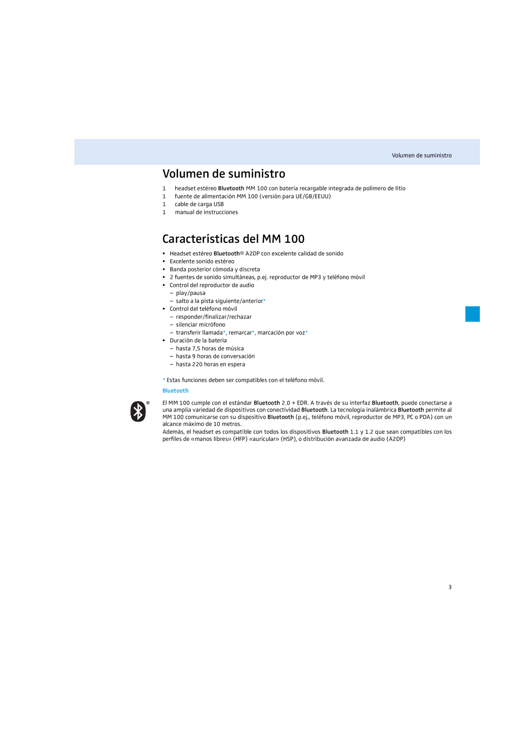 Sennheiser MM 100 instruction manual Volumen de suministro, Características del MM 