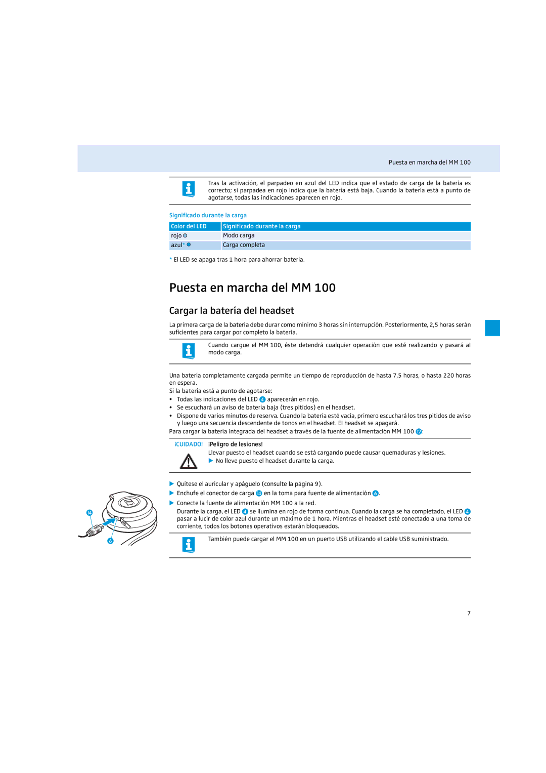 Sennheiser MM 100 instruction manual Puesta en marcha del MM, Cargar la batería del headset, Significado durante la carga 