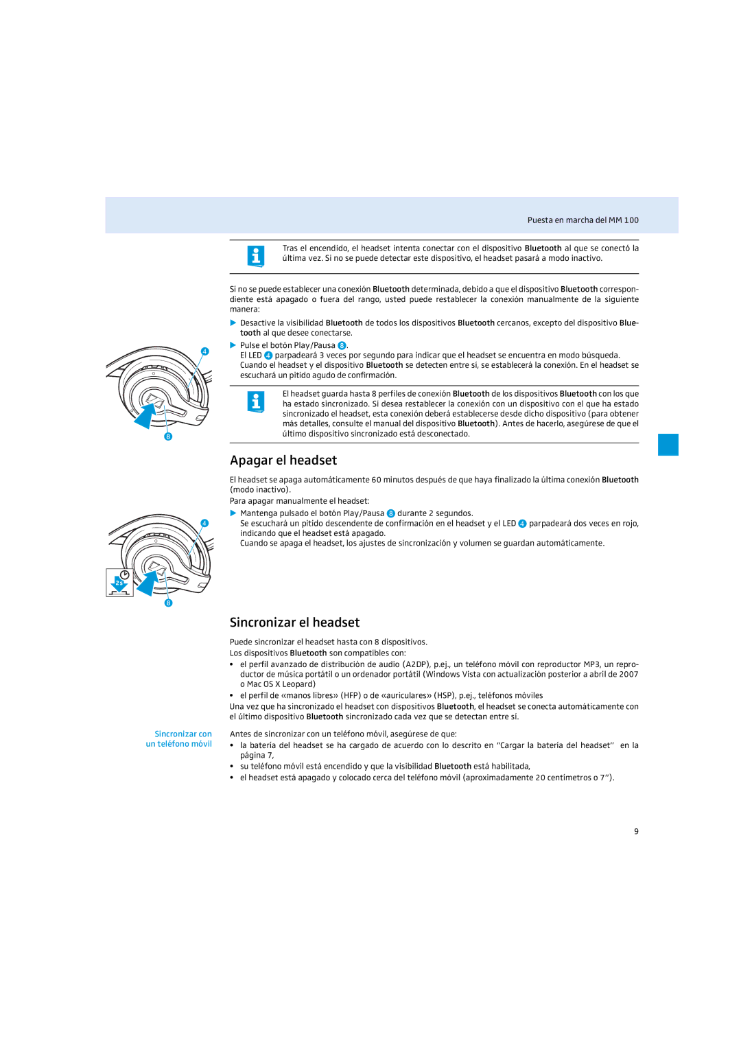 Sennheiser MM 100 instruction manual Apagar el headset, Sincronizar el headset, Sincronizar con un teléfono móvil 