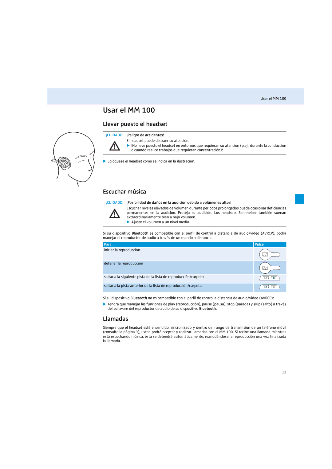 Sennheiser MM 100 instruction manual Usar el MM, Llevar puesto el headset, Escuchar música, Llamadas, Pulse 