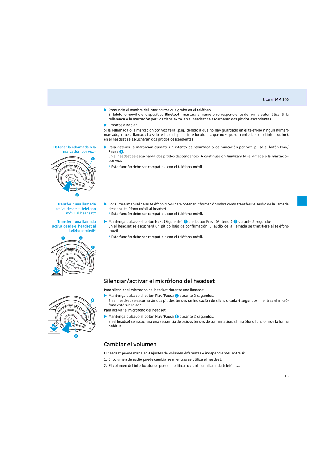 Sennheiser MM 100 instruction manual Silenciar/activar el micrófono del headset, Cambiar el volumen 