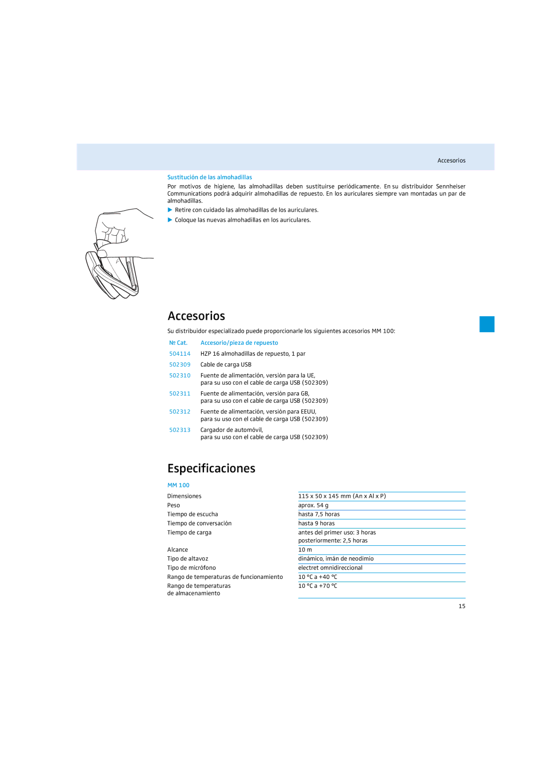 Sennheiser MM 100 instruction manual Accesorios, Especificaciones, Sustitución de las almohadillas, Nº Cat 