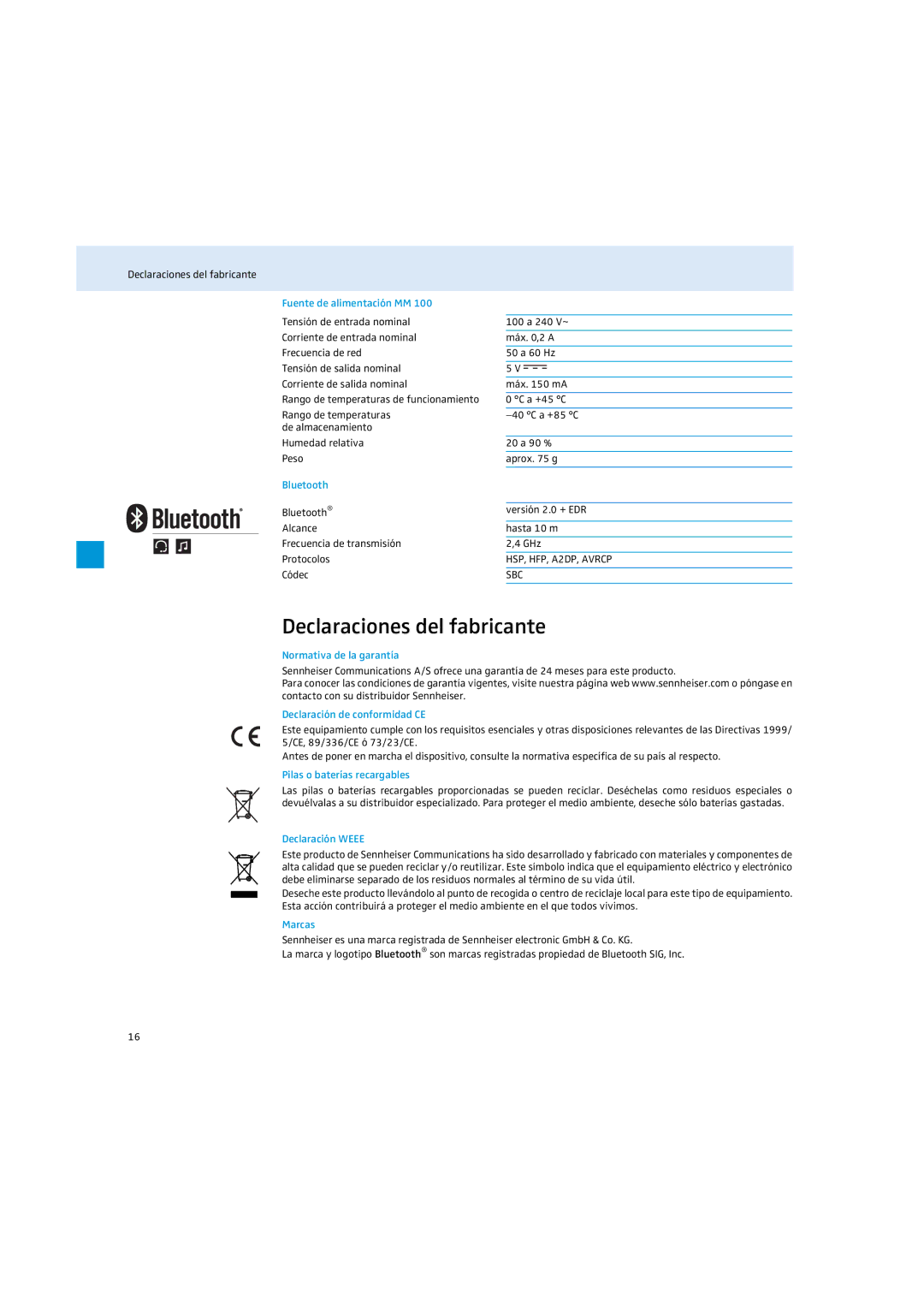 Sennheiser MM 100 instruction manual Declaraciones del fabricante 