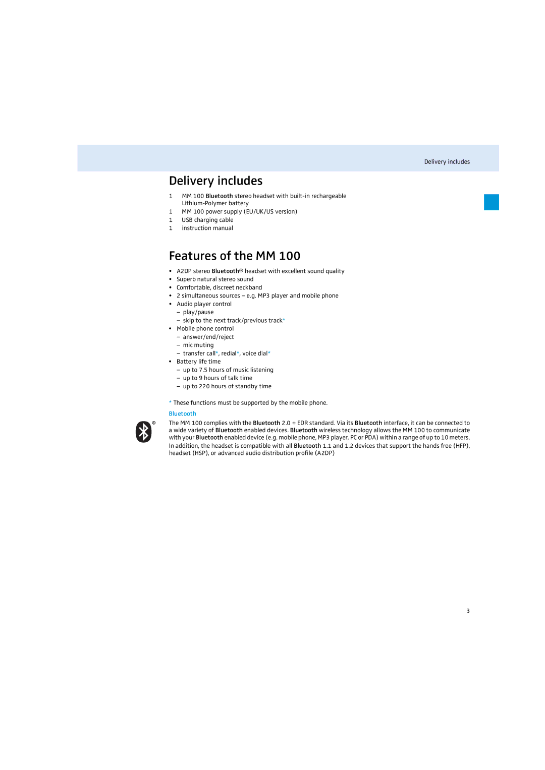 Sennheiser MM 100 instruction manual Delivery includes, Features of the MM, Bluetooth 