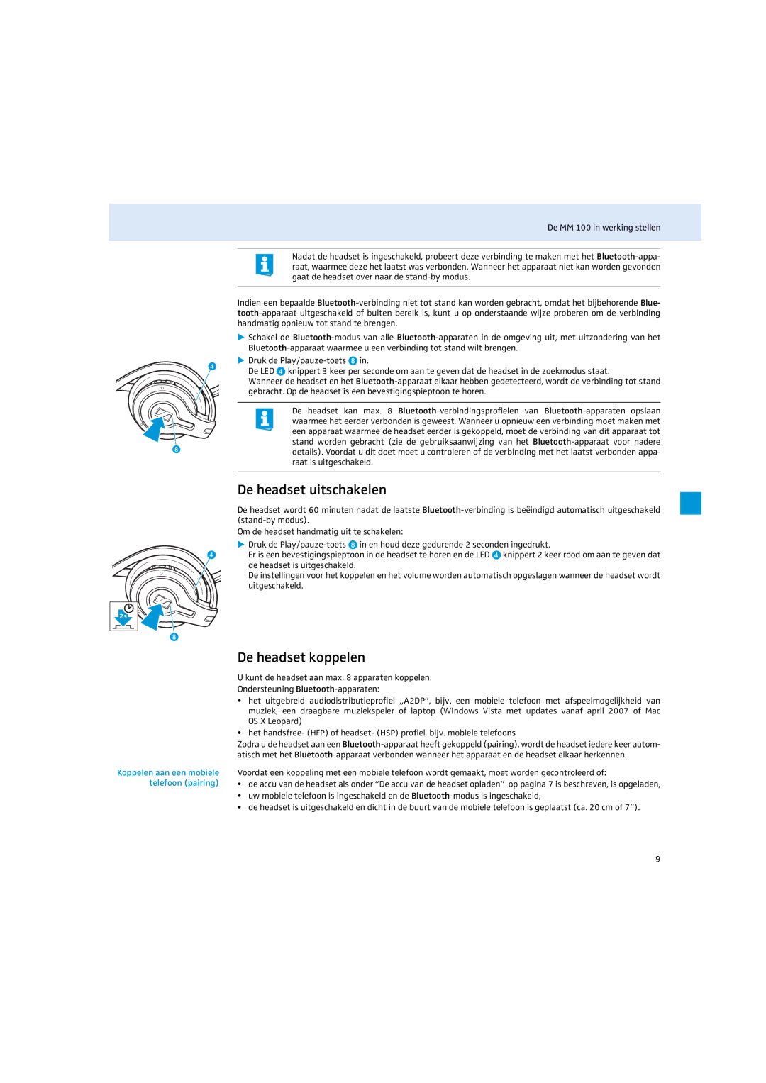 Sennheiser MM 100 De headset uitschakelen, De headset koppelen, Koppelen aan een mobiele telefoon pairing 