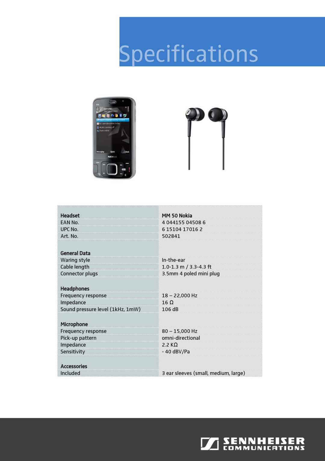 Sennheiser MM 50 Nokia warranty Specifications, Headset, General Data, Headphones, Microphone, Accessories 