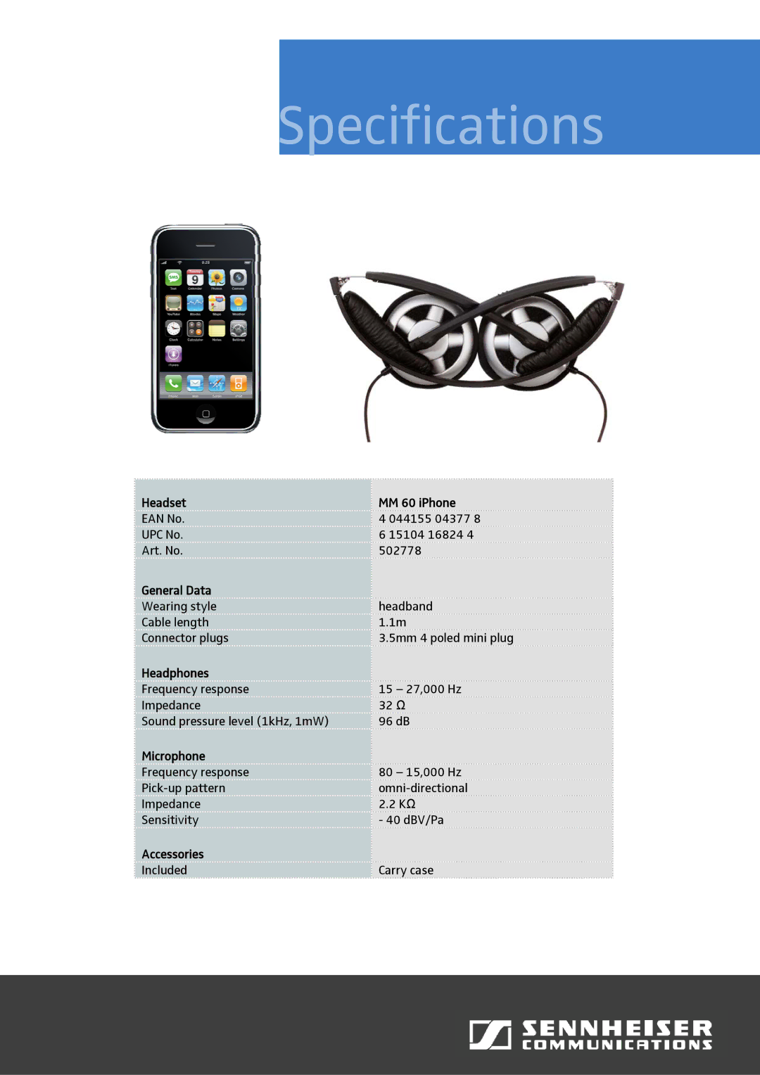 Sennheiser MM 60 iPhone warranty Specifications 