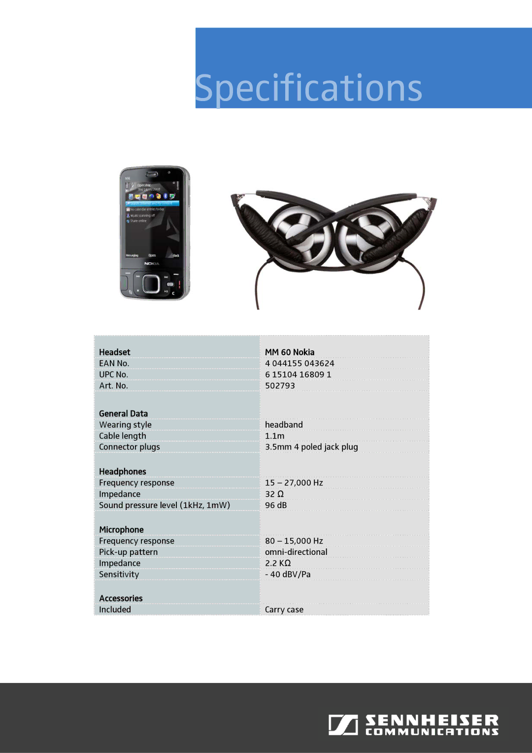 Sennheiser m@m 60 warranty Specifications 