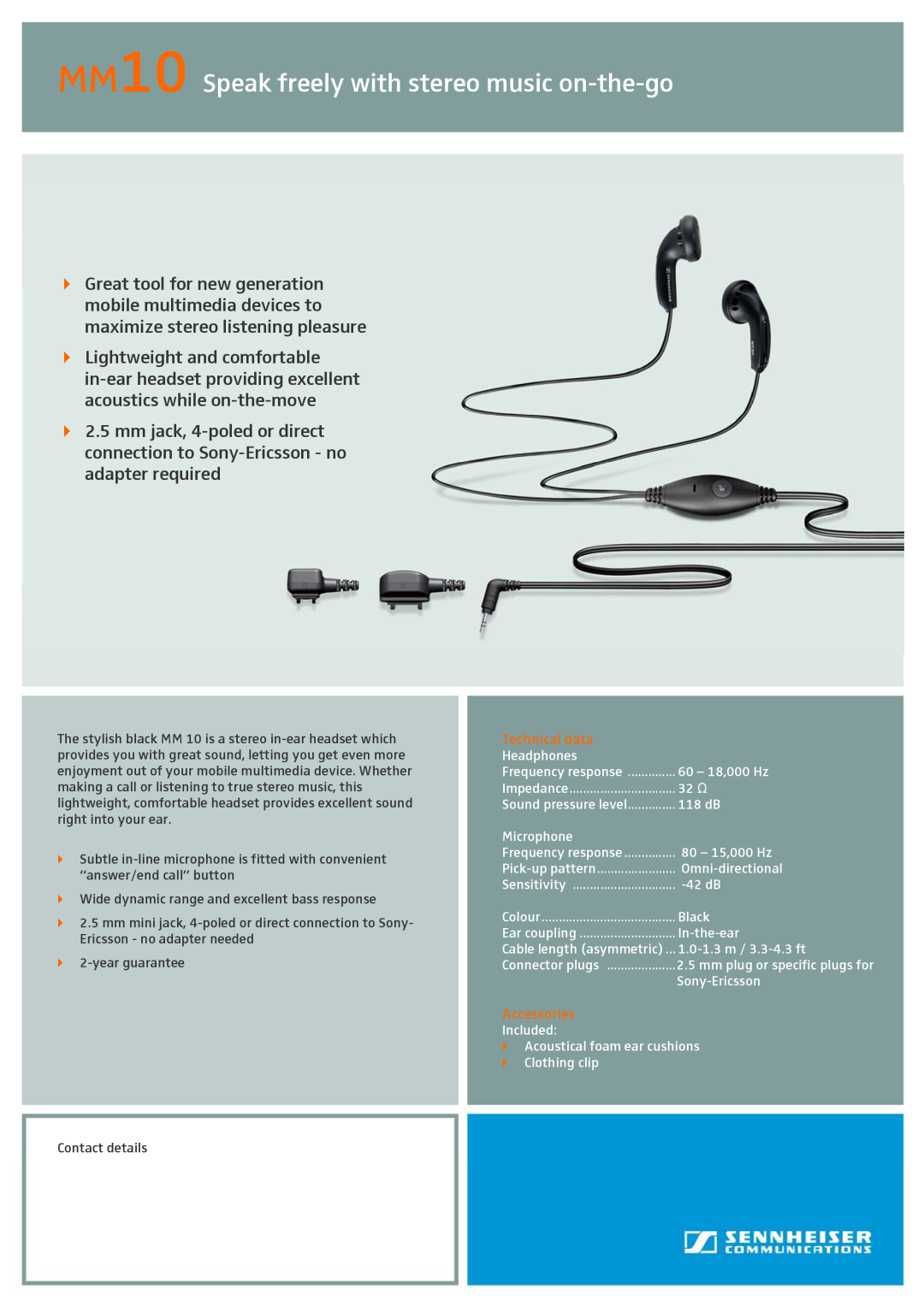 Sennheiser manual MM10 Speak freely with stereo music on-the-go, Technical data, Accessories 