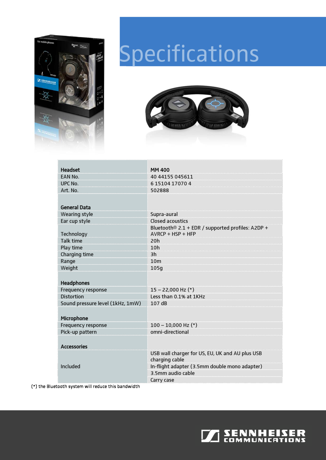 Sennheiser MM400 warranty Specifications, Headset, General Data, Headphones, Microphone, Accessories 